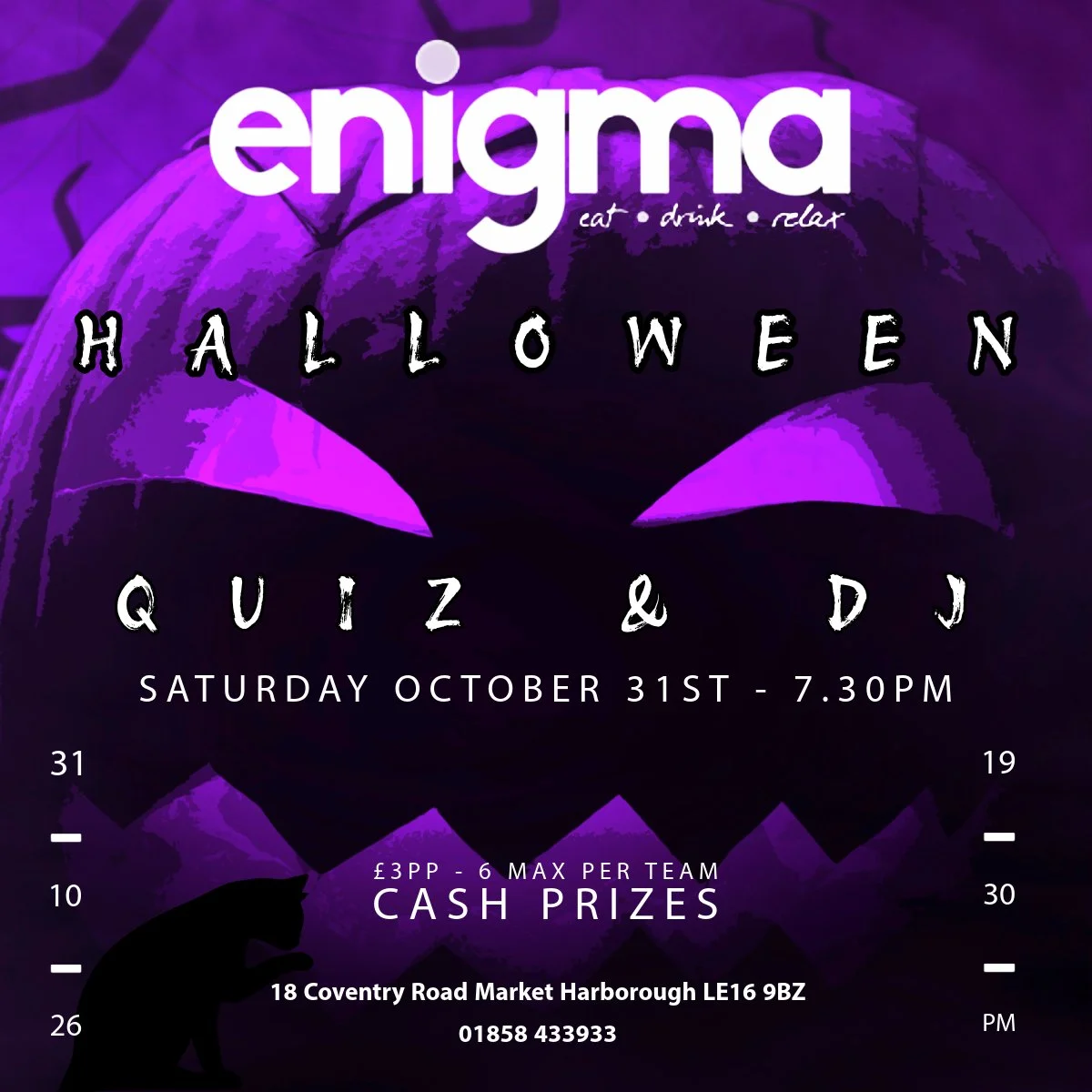 Halloween Quiz and DJ poster, Saturday 31 October, 7:30pm, £3 per person, cash prizes