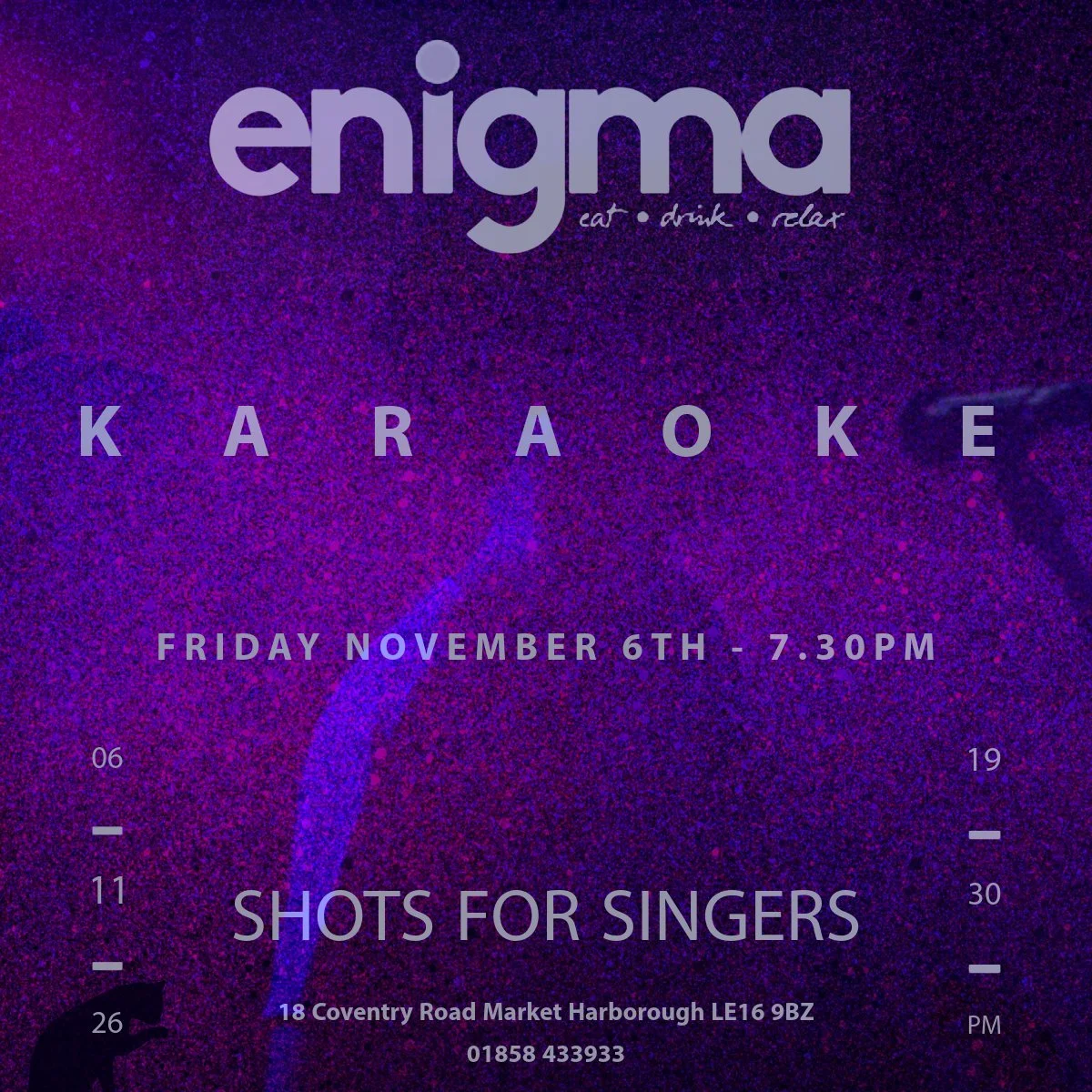 Karaoke night poster, Friday 6 November, 7:30pm, shots for singers