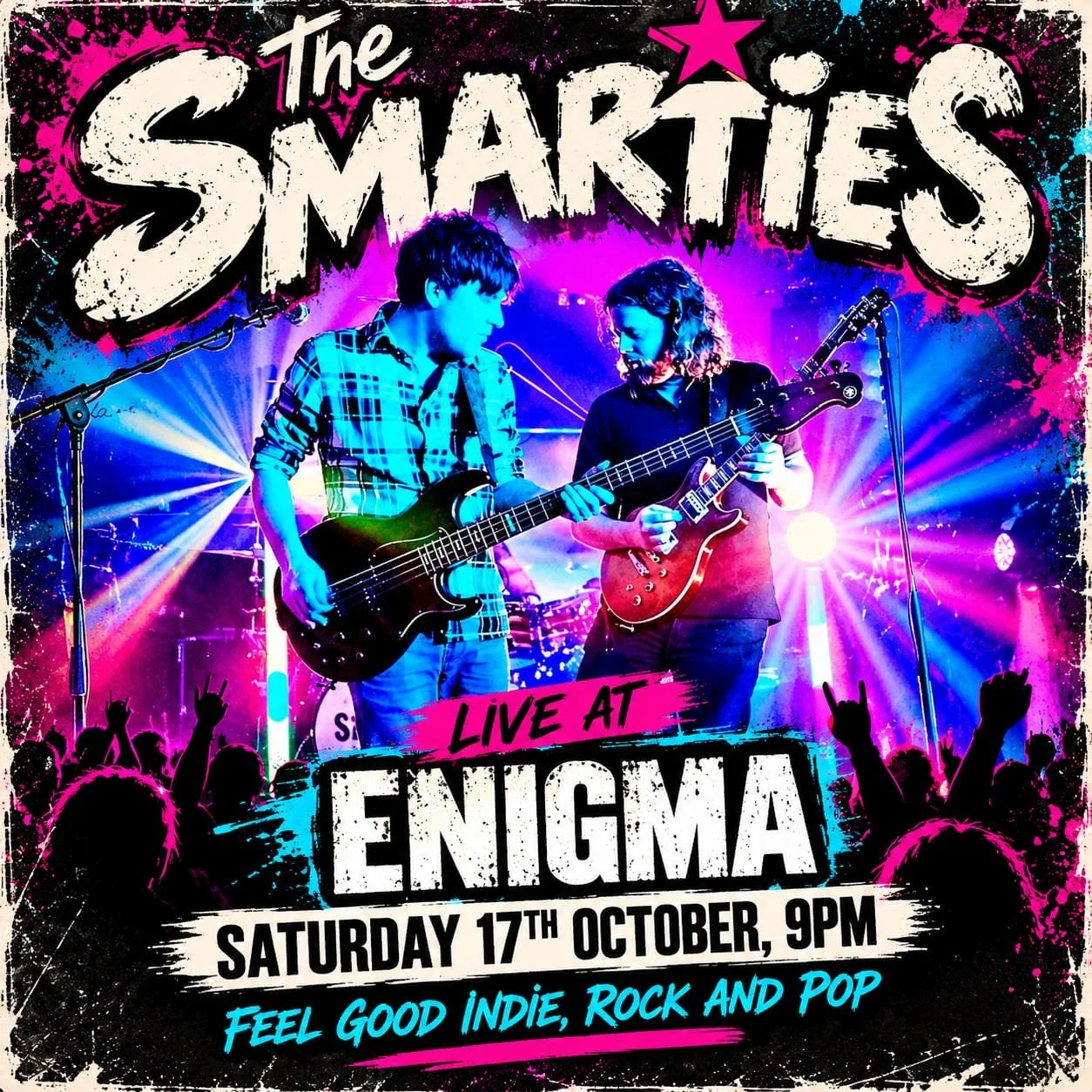 The Smarties live at Enigma poster, Saturday 17 October, feel-good indie, rock and pop